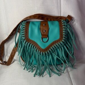 Unbranded Faux Leather Fringe Bag in Turquoise/Brown EUC